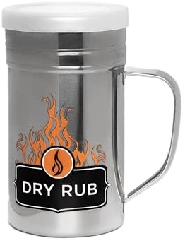 Outset Stainless Steel Dry Rub Shaker with Lid, 13oz Seasoning Dispenser | Easily & Evenly Season Your Food | 13 Ounce Seasoning Shaker With a Lid & Handle | Perfect For Dry Rubs, Flour & Spice Blends