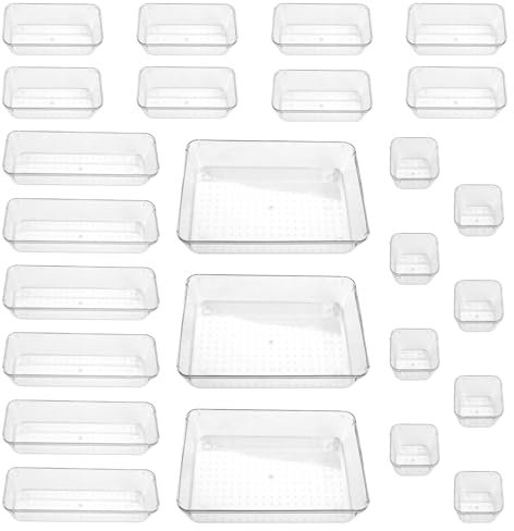 lovehai 25 Pcs Drawer Organiser Set, Makeup Organiser Tray for Drawers, Clear Cosmetics Container Tray for Office, Bedroom, Kitchen, Jewelries and Gadgets