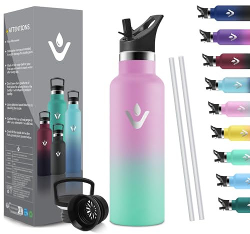 HoneyHolly Bouteille Isotherme 500ml, Gourde INOX avec Paille, Bouteille d'eau sans BPA, Réutilisable, Anti-Fuite, Isolation sous Vide en Acier Inoxydable à Double Paroi, pour Enfants, Adultes, Sport