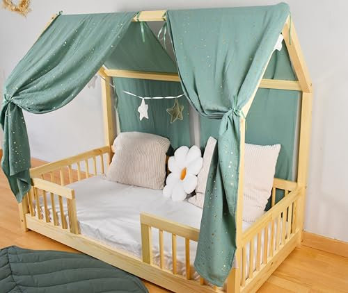 YellowNest Hausbett Himmel (2er Pack) - 100% Baumwolle - Betthimmel Hausbett aus Musselin - Himmelbett Vorhänge für Bett 80x160 & 140x200 cm (Eucalyptus Wimpelkette Stern, 130 x 320 (2er-Set))