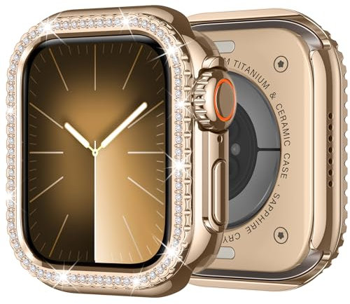 ZZDZZ Metallo Cover per Apple Watch Series 9 8 7 45mm per Donne, Custodia Bling Diamanti Paraurti Protettiva Cover per iWatch 45mm, Oro Rosa