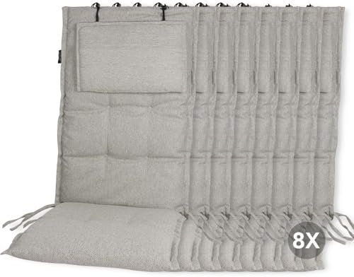 slaaviinoo 8er Set Gartenstuhlauflagen Hochlehner (120x50x6cm) Sitzkissen Outdoor– wasserabweisender Stoff & UV-500h lichtecht – Mit abnehmbarem Kopfpolster – Reisfeldgrau für Gartenmöbel/Klappstühle