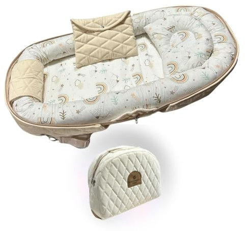 Gowoll Babynest mit Tragegriff 96 x 50 cm 100% OEKO TEX Premium für Neugeborene Babynestchen Reißverschluss Baumwolle Reisebett mit Zubehörtasche Tragbares Nestchen Baby Bett(Creme)