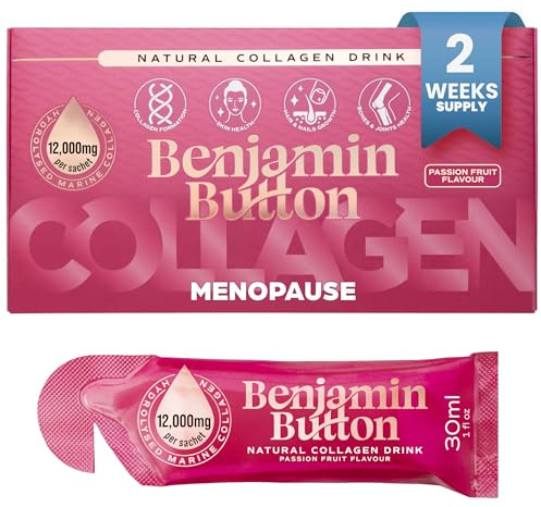 Menopause Collagen Liquid 12,000mg, 14x Marine Collagen Peptide Sachets with Red Clover, Maca, Reishi, Vitamins C D3 K2, Biotin & Zinc, Skin, Hair, Joint & Hormone Support - Passion Fruit