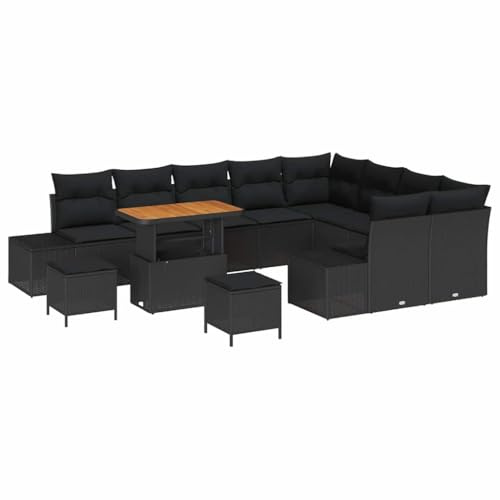 vidaXL 12-teiliges Garten-Sofa-Set mit Kissen in Schwarz aus Poly-Rattan – Moderne Gartenmöbel für Terrasse und Balkon, Couch-Lounge für den Sommer, modulare Sitzmöbel aus pulverbeschichtetem Stahl