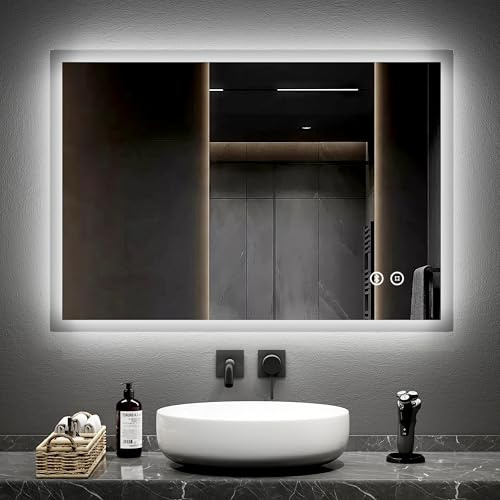 EMKE Bathroom Mirror with Lights 1000 × 700mm, Bluetooth, Shaver Socket | Bluetooth speaker, touch-controlled, anti-fog demister and memory function for everyday convenience.
