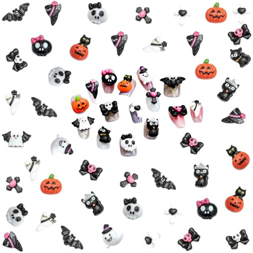 Halloween Nail Art Charms, 90 Pcs 3D Skull Cross Cat Bat Halloween Nail Charms Witch Hat Ghost Pumpkin Flatback Resin Charms Nail Gems Rhinestones Nail Jewels for Nail Decorations DIY Crafting
