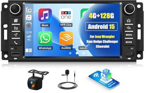CAMECHO 4+128G 7 Zoll Android 15 Autoradio für Jeep Wrangler Dodge Challenger Compass mit Rückfahrkamera, Bluetooth Radio mit Wireless Carplay Android Auto FM/RDS WiFi GPS Mirror Link +Canbus