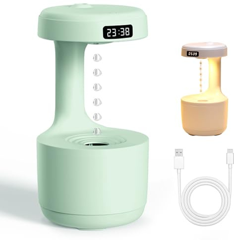 Mushroom Anti Gravity Humidifier, Anti-Schwerkraft Luftbefeuchter, LED Regentropfen-Luftbefeuchter mit Nachtlicht, Hängender Wassertropfen & Uhr, 800ml Aroma Diffuser für Schlafzimmer (Grün)