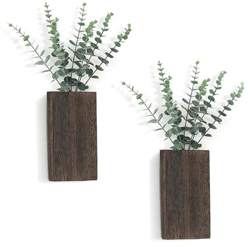 Pineeseatile Plant Wall Decor, Wall Planter, 2PCS Wooden Plant Decor Vase with Artificial Eucalyptus, Hanging Planter, Vertical for Bedroom Living Room Home Office for Daily Use