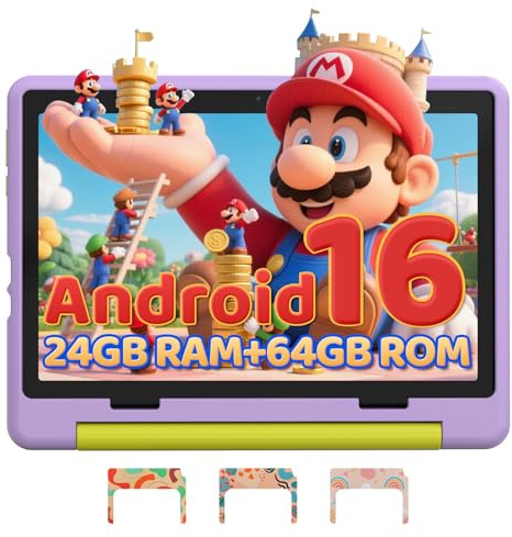 Gleeso Kids Tablet 10 inch Android 16, 24GB RAM+64GB ROM, Child Tablet 1280 * 800 IPS, 5MP+8MP Camera, 6000mAh, WiFi 6/BT 5.3, Parental Control, Toddler Tablet with Protective Case(Purple)