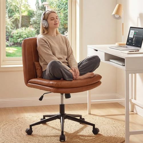 IUXPAM Bürostuhl ohne Armlehne ergonomisch, Schreibtischstuhl mit Rollen, für Schneidersitz, 360° drehbarer & höhenverstellbarer Drehstuhl für Home Office, Schminktisch (Kunstleder, Braun)