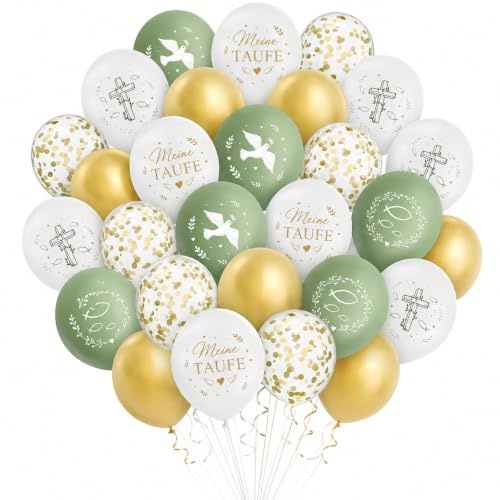 ENLACE 30 Stück Luftballons Taufe Deko Mädchen Junge,12 Zoll Grün Weiß Gold | Taufe Luftballon mit Taube, Fisch, Kreuz, Ballon Taufdeko für Babyparty Party, Kommunion, Firmung & Christliche Feier