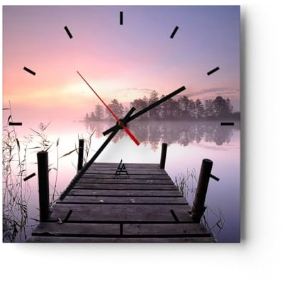 ARTTOR Moderne Wanduhr 40x40cm Quadrat Glasuhr Landschaften Maritim - 2593 | Morgen Ost Sonnen Glas Analog Wanduhr Lautlos Wanddekoration Wohnzimmer Büro Küche Wanddeko Küchenuhr Geräuschlos ARTTOR