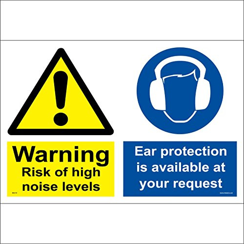 MU131 Multiple Sign Warning Risk of HIGH Noise Levels 200mm x 150mm .Sticker/SAV - White Background
