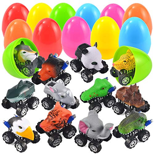 JOYIN 12 Stück Vorgefüllt Ostereier mit Tieren Zurückziehen Auto Spielzeug für Kinder Jungen Geschenke, Osternest Osterkorb Füllstoffe Party Mitgebsel