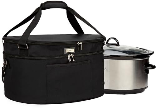 HOMEST Slow Cooker Travel Bag with Easy to Clean Lining, Insulated Carrier with Zippered Accessory Pocket, Carry Case Compatible with Crock Pot 6-8 Quart (Fit for 6-8 QT Crockpot Slow Cooker, Black