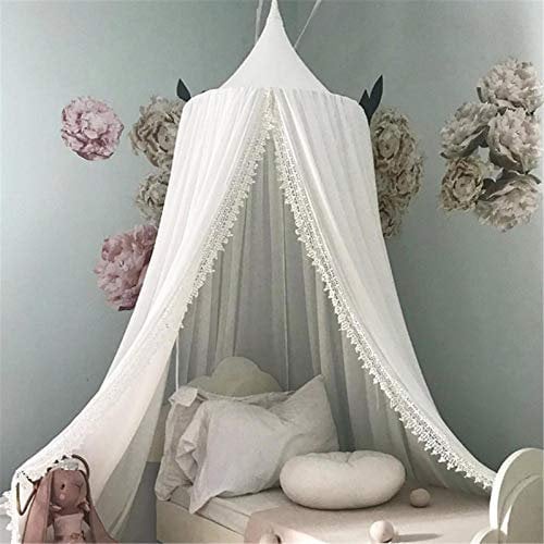 Betthimmel Babybett, Spitze Baldachin aus Chiffon Moskitonetz, Mädchen Prinzessin Baumwolle Bettvorhang für Spiel Lesen Schlafzimmer Ankleidezimmer (Weiß)