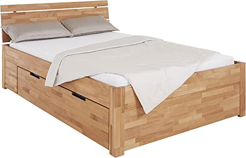 TaBoLe Massivholz Bett mit 2 Schubladen Buche massiv geölt 140 x 200 cm (140 x 200 cm), Braun