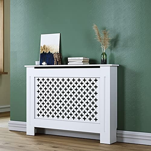 SUNXURY heizkörperverkleidung Holz Weiß 112x19x81.5cm heizungsverkleidung Klein Heizkörper Abdeckung Gitter Design