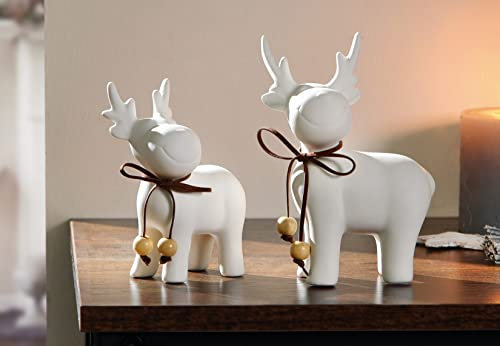 2 Dekofiguren Elch aus Porzellan, weiß, niedliche Winterdeko, Weihnachtsdeko, Elchfiguren-Set, Figurenset, Tierfiguren