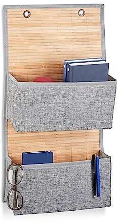 Relaxdays 1 x Hängeaufbewahrung, Bad und Flur, Türorganizer 2 Fächer, Bambus und Stoff, Türgarderobe, HxBxT: 62 x 33 x 12 cm, grau