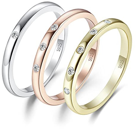 JewelryPalace 3 Ringe Silber 925 Damen Rosegold, Zirkonia Band Ring Damen, Hochzeitsring Damenring Gold Trauring Ehering Frauen, Vorsteckring Stapelring Bandring Schmal mit Stein, Ringe Set Schmuck 57