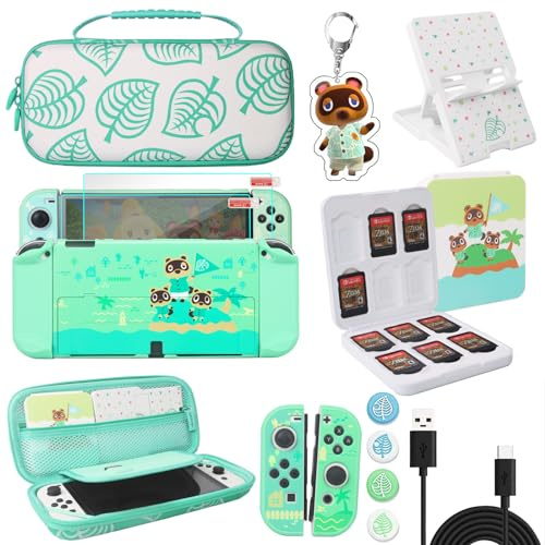 TIKOdirect Étui de transport compatible avec les manettes Joy-Con Nintendo Switch OLED avec 4 capuchons mignons pour le pouce et 2 protecteurs d'écran, coque anti-rayures tactile, animal crossing