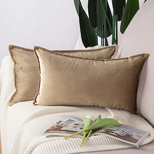 Madizz 2er Set Samt Dekorativ Zierkissenbezüge Luxus Stil Kissenbezug für Sofa für Schlafzimmer Hellbraun 30x50 cm Rechteckigig