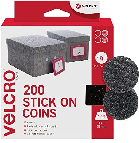 VELCRO Brand | Stick On Coins | Double Sided Hook & Loop Self Adhesive Sticky Coins Perfect for Room Décor & Home, Office, Garage Use | Black | 19mm x 19mm | Pack of 200