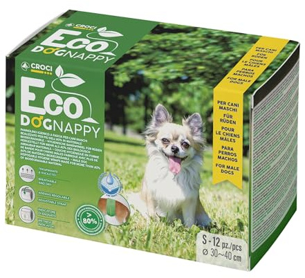 Croci Dog Nappy Eco - Fascia Assorbente biodegradabile per cani maschi, taglia S - Ø 30-40 cm, Mutanda pannolino igienico pipi cane, Antiodore, Usa e getta, Chiusura adesiva regolabile, 12 pz