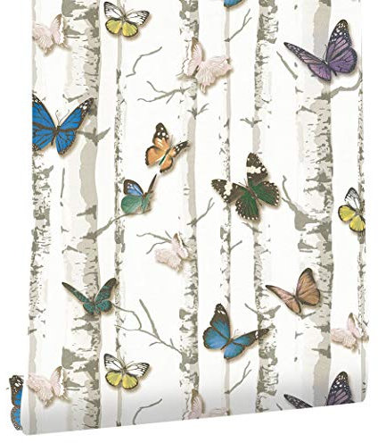 myforHD Papel Pintado Autoadhesivo Mariposa de abedul Mural Acuarela Fotomurales Papel de Pared Papel Adhesivo para Muebles Removible Impermeable Estilo Retro Vinilo PVC Pegatina
