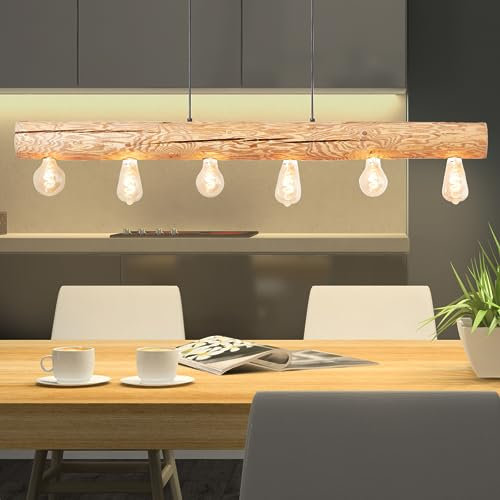 Lightbox 6 flammige Hängelampe - höhenverstellbare Boho Pendelleuchte - 105 x 115 x 10 cm - E27 Fassung - max. 25 W - aus Holz/Metall - in gebeiztem Kiefer/Braun