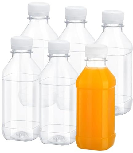FRIUSATE 6 Pcs 7.8oz/230ml Square Shot Bottles with Lids - Plastic, Leak-Proof, Reusable Drink Bottles for Smoothie, Juice, Beer, Milk