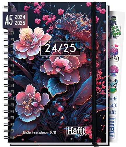 Häfft® Planer Premium A5 2024/2025 Dark Bloom Hardcover Schülerkalender, Hausaufgabenheft, Schülerplaner, Schulplaner - nachhaltig & klimafreundlich