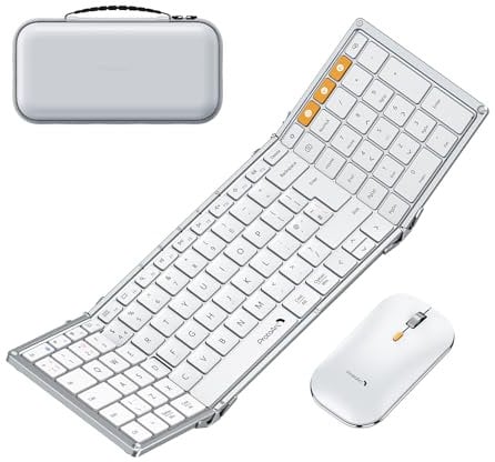 ProtoArc XKM01 Foldable Bluetooth Keyboard and Mouse, Folding Keyboard Mouse Combo for Travel, 2.4G+Dual Bluetooth, Full-Size Rechargeable Portable Keyboard, QWERTY UK Layout - Silver White