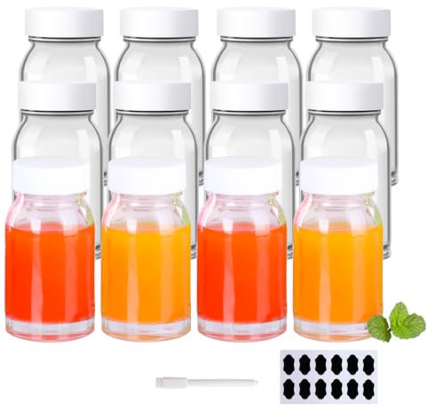 YBCPACK 12 Pack 80ml Reusable Mini Clear Glass Shot Bottles, Wellness Shots Bottles for Juice, Ginger, Small Glass Jars with Lids, Label, Pen.(Dishwasher Safe & Leak Proof)