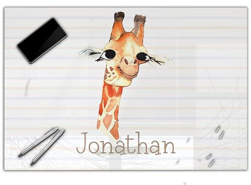 Schreibtischunterlage personalisiert mit Namen | wasserfeste Schreibunterlage, abwischbar, glatt | stabiles, hochwertiges Acrylglas, Kinder Kunststoff Tiere | 60x40cm 18- Giraffe