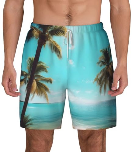 YQxwJL Short de bain décontracté pour homme avec doublure de compression - Séchage rapide - Motif palmiers et mer, blanc, Large