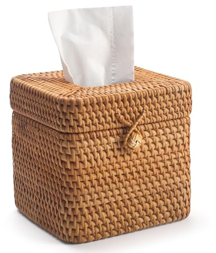 Kosmetiktücherbox aus Rattan mit Deckel, Quadratische Tücherbox Halter, Gewebter Gesichtstuchhalter, Dekorative Taschentuchbox für Esstisch, Wohnzimmer, Badezimmer (Natürlich)