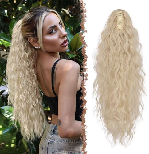 FESHFEN Pferdeschwanz mit Klammer, Lange Wellig Lockig Haarextension Synthetik Zopf Haarverlängerung Claw Clip in Haarteil Ponytail für Damen 65cm Platinblond