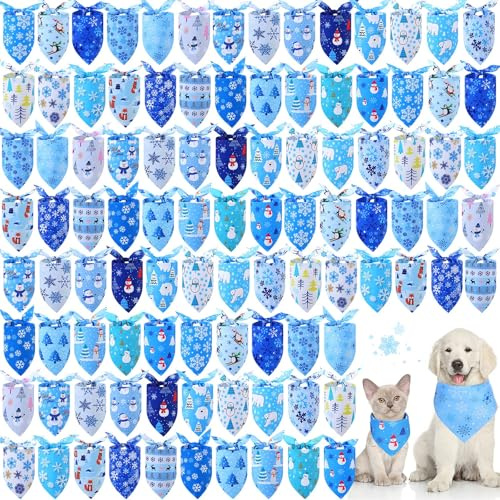 Abbylike 100 Stück Winter-Hundehalstücher Bulk Blau Schneeflocke Hundehalstücher für Hunde Hund Halstuch Set Lätzchen Dreieckstuch mit Schneeflockenmuster für Winter Haustier Kostüm Zubehör Dekoration