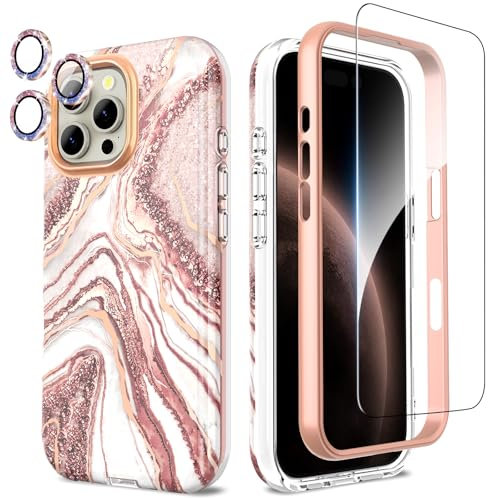 SHEDEER 4-in-1 iPhone 16 Pro Max Hülle mit Schutzfolie + Stoßfänger & Kameraschutz | Militärischer Stoßfest 360°-Schutz, 16 Pro Max Hülle Glänzend Fade-Resistant Muster-Design Handy Case (Lila)