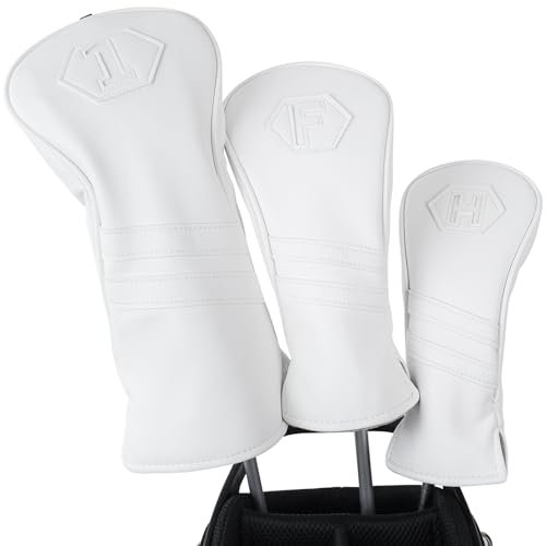 Golf Club Head covers Wood Set 3 PACKS 1FH DR FW UT for Driver Fairway Hybrid with No.Tag Elastic Closure All White PU Leather