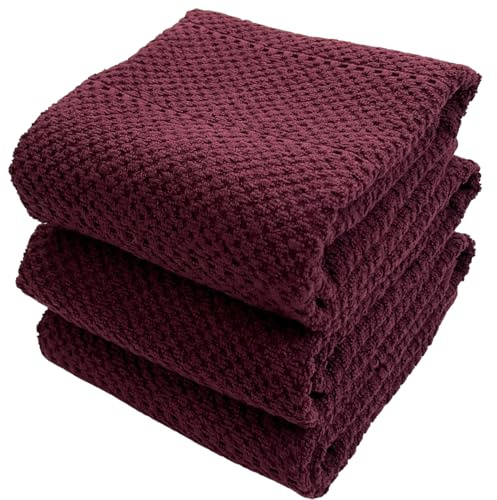Purple Burgundy Wine Kitchen Hand Dish Towels: Oversized 28 x 18,100% Cotton Cloth Soft Cleaning Drying Absorbent Textured Design, Set of 3 Multipurpose for Everyday Use (Wine)