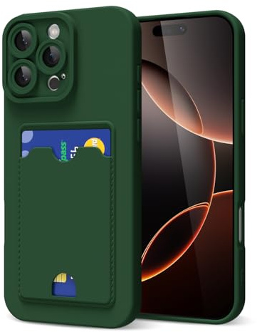 oakxco for iPhone 16 Pro Case with Card Holder, Cute Silicone Wallet Phone Case with Credit Card Slot, Soft Rubber Thin Slim Purse for Women Men with Shockproof Camera Cover Protection, Dark Green