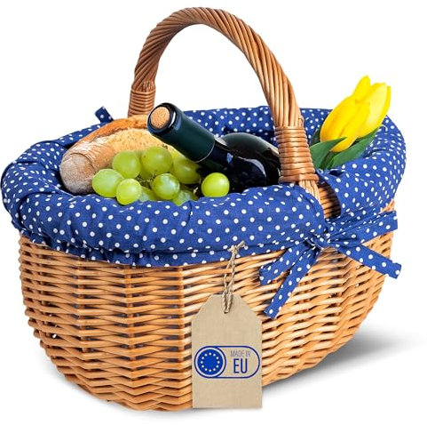 Creative Home Großer Picknickkorb mit Stoffeinlage blau mit Pünktchen | Weidenkorb mit Henkel | Einkaufskorb | 43 x 32 x 37 cm (+/- 2 cm) | Groß und leicht | Naturbraun | Handgeflochten | Universell