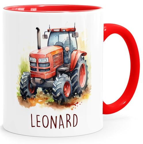 SpecialMe® Kindertasse Namenstasse Traktor Feuerwehrauto Rennwagen Auto Drache Keramikbecher Geschenk Kinder Jungen weiss-innen-rot standard