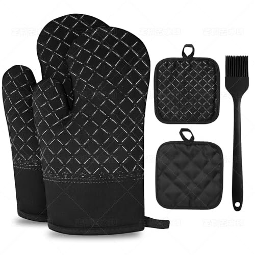 Set de Gants de Four, 300°C Résistant à la Chaleur, Antidérapant en Silicone, Gants de Cuisine pour la Cuisine, la Pâtisserie,BBQ (Black)