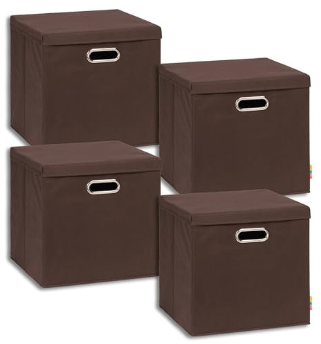 Storanda | 4er Set Aufbewahrungsbox mit Deckel 34x34x33 cm | Breite Griffe auf zwei Seiten | Stabil & Faltbar | Regalbox für Würfelregal | Ideal für Zuhause & Kinderzimmer | Dunkelbraun